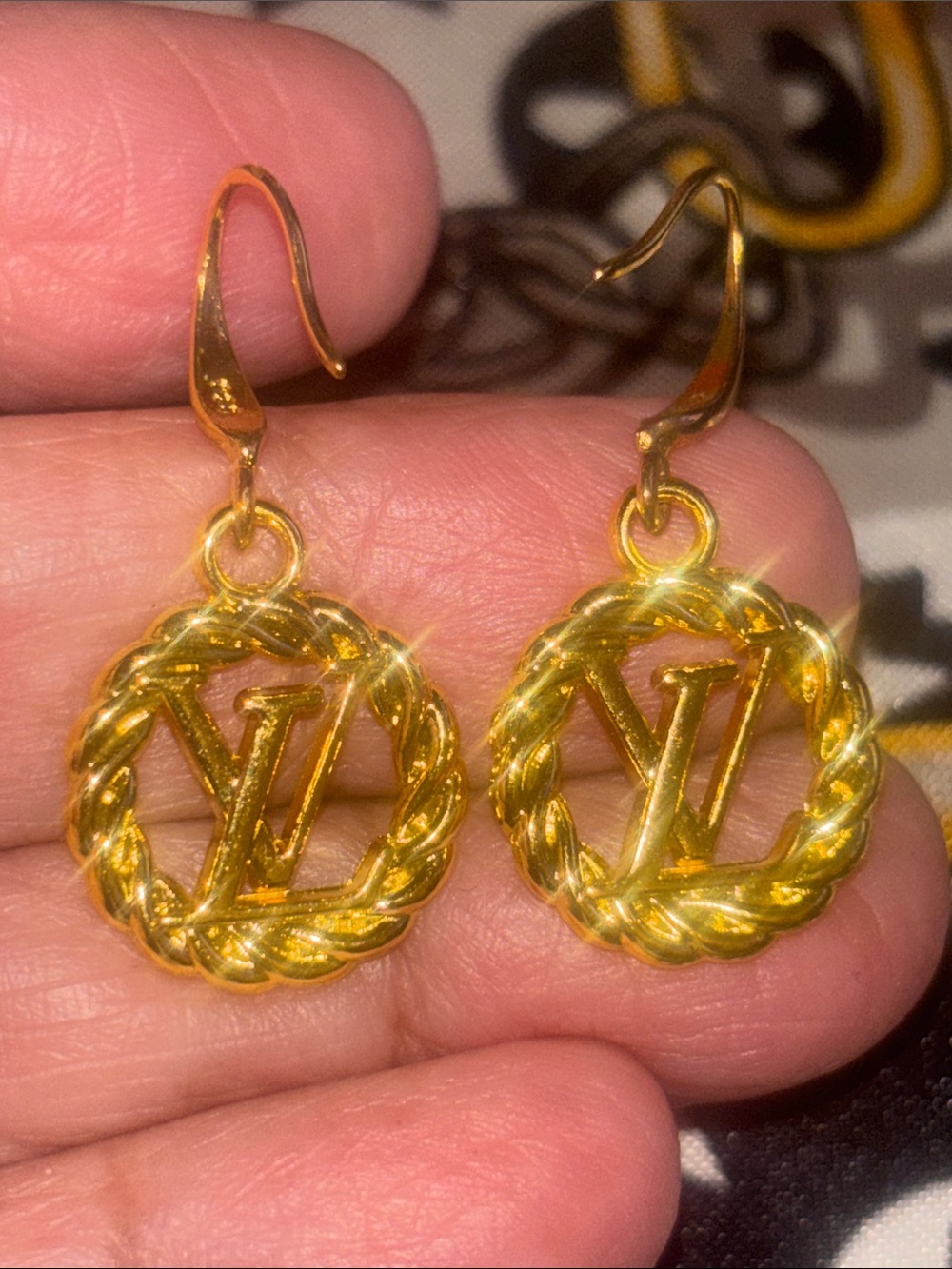 Designer-Gold Braided Circle Drop Earrings with round Monogram